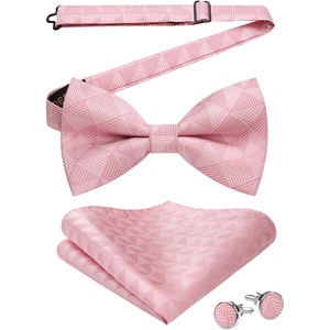image:imageHISDERN Mens Plaid Bow Tie Set Pocket Square and Cufflinks Bowtie  Pretied Bowties Design for Easy WearCheck PatternMatching Handkerchief Cuff Link3PCS Set Wedding Formal Party Groom PromPink4