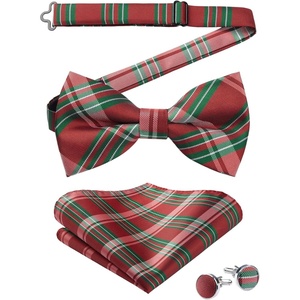 image:imageHISDERN Mens Plaid Bow Tie Set Pocket Square and Cufflinks Bowtie  Pretied Bowties Design for Easy WearCheck PatternMatching Handkerchief Cuff Link3PCS Set Wedding Formal Party Groom PromRed