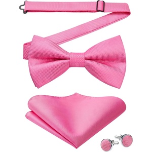 image:imageHISDERN Mens Plaid Bow Tie Set Pocket Square and Cufflinks Bowtie  Pretied Bowties Design for Easy WearCheck PatternMatching Handkerchief Cuff Link3PCS Set Wedding Formal Party Groom PromPink3