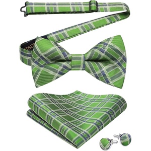 image:imageHISDERN Mens Plaid Bow Tie Set Pocket Square and Cufflinks Bowtie  Pretied Bowties Design for Easy WearCheck PatternMatching Handkerchief Cuff Link3PCS Set Wedding Formal Party Groom PromGreen