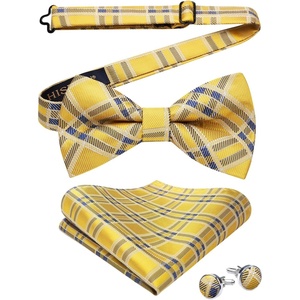image:imageHISDERN Mens Plaid Bow Tie Set Pocket Square and Cufflinks Bowtie  Pretied Bowties Design for Easy WearCheck PatternMatching Handkerchief Cuff Link3PCS Set Wedding Formal Party Groom PromYellow