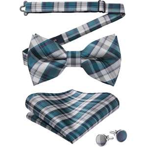 image:imageHISDERN Mens Plaid Bow Tie Set Pocket Square and Cufflinks Bowtie  Pretied Bowties Design for Easy WearCheck PatternMatching Handkerchief Cuff Link3PCS Set Wedding Formal Party Groom PromGreen3