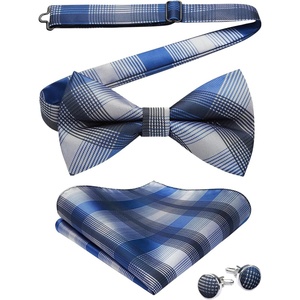 image:imageHISDERN Mens Plaid Bow Tie Set Pocket Square and Cufflinks Bowtie  Pretied Bowties Design for Easy WearCheck PatternMatching Handkerchief Cuff Link3PCS Set Wedding Formal Party Groom PromBlue