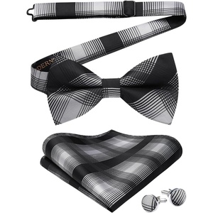 image:imageHISDERN Mens Plaid Bow Tie Set Pocket Square and Cufflinks Bowtie  Pretied Bowties Design for Easy WearCheck PatternMatching Handkerchief Cuff Link3PCS Set Wedding Formal Party Groom PromBlack