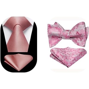 image:imageHISDERN Pink Mens Bowtie Pocket Square Silk Neck Ties for Men Handkerchief Set