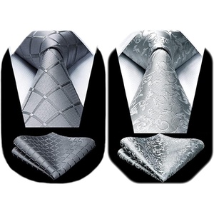 image:imageHISDERN Plaid Tie Handkerchief Woven Classic Mens Necktie Silver Tie for Men Solid Paisley Floral Grey Mens Ties