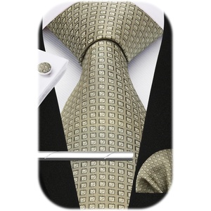 image:imageHISDERN Plaid Ties for Men Classic Checkered Tie and Pocket Square Cufflinks Tie Clip Set Woven Mens Necktie BusinessGolive Green Gingham