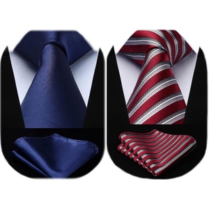 image:imageHISDERN Ties for Men Solid Navy Blue amp Red Sliver Stripe Necktie and Pocet Square Set Classic Woven Silk Ties for Wedding Business