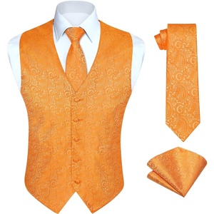 image:imageHISDERN Vest for Men Paisley Floral Orange Suit Vest Necktie and Pocket Square 3PC Formal Tuxedo Jacquard Waistcoat for Wedding Party