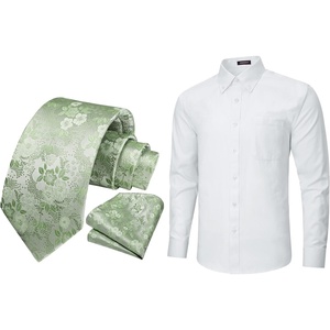 image:imageSage Green Floral Necktie and Pocket Square Set with Matching White Striped Dress Shirt  Perfect for Weddings and Formal Meetings
