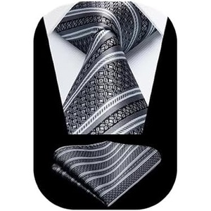 image:imageHISDERN Stripe Tie Mens Ties with Pocket Square Set Classic 34 Silk Formal Necktie Handkerchief for Business WeddingA08grey  Silver