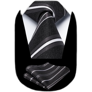 image:imageHISDERN Stripe Tie Mens Ties with Pocket Square Set Classic 34 Silk Formal Necktie Handkerchief for Business WeddingA09black  Grey
