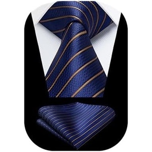 image:imageHISDERN Stripe Tie Mens Ties with Pocket Square Set Classic 34 Silk Formal Necktie Handkerchief for Business WeddingB02navy  Gold