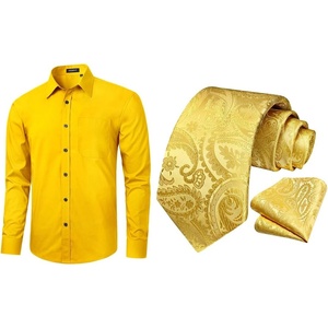 image:imageHISDERN Yellow Dress Shirt for Men Long Sleeve with Matching Tie and Handkerchief Set Classic