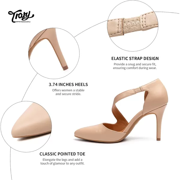 Trary Heels for Women Dress Closed Pointed Toe Heels Comfortable Stiletto High Heels Pumps Sexy Slip On D'Orsay Pumps with Cross Elastic Straps Work Wedding Party Shoes for Women