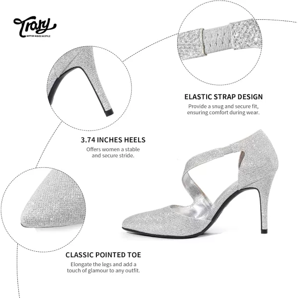 Trary Heels for Women Dress Closed Pointed Toe Heels Comfortable Stiletto High Heels Pumps Sexy Slip On D'Orsay Pumps with Cross Elastic Straps Work Wedding Party Shoes for Women