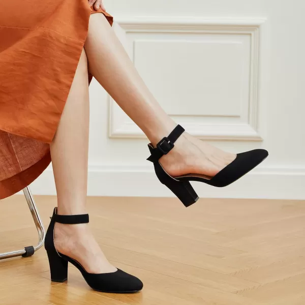 Trary Heels for Women, Low Heel Closed Round Toe Chunky Block Nude Heels Adjustable Ankle Strap Comfy Pumps Shoes Black Heels for Women Versatility Heels Wedding Daily Dressy 2.75" Heels