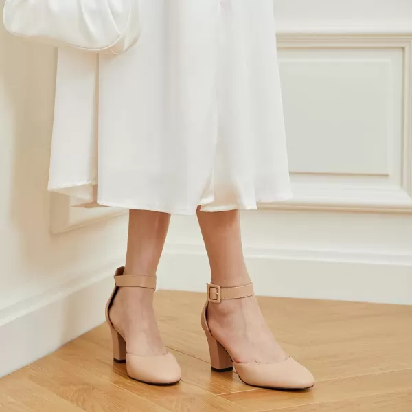 Trary Heels for Women, Low Heel Closed Round Toe Chunky Block Nude Heels Adjustable Ankle Strap Comfy Pumps Shoes Black Heels for Women Versatility Heels Wedding Daily Dressy 2.75" Heels