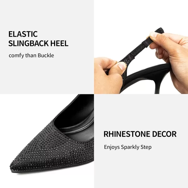 Trary Slingback Heels for Women Pointed Toe Pumps Shoes 3.2inch High Heel Slip On Rhinestone Glitter Heels Comfy Heels for Party Working Dressy