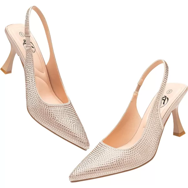 Trary Slingback Heels for Women Pointed Toe Pumps Shoes 3.2inch High Heel Slip On Rhinestone Glitter Heels Comfy Heels for Party Working Dressy