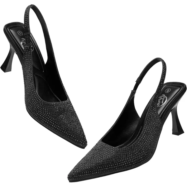 Trary Slingback Heels for Women Pointed Toe Pumps Shoes 3.2inch High Heel Slip On Rhinestone Glitter Heels Comfy Heels for Party Working Dressy