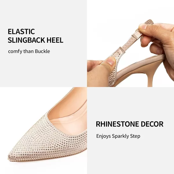 Trary Slingback Heels for Women Pointed Toe Pumps Shoes 3.2inch High Heel Slip On Rhinestone Glitter Heels Comfy Heels for Party Working Dressy