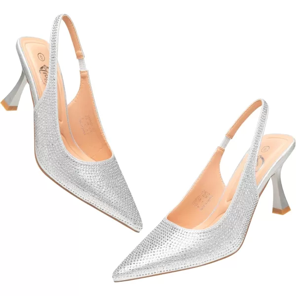 Trary Slingback Heels for Women Pointed Toe Pumps Shoes 3.2inch High Heel Slip On Rhinestone Glitter Heels Comfy Heels for Party Working Dressy