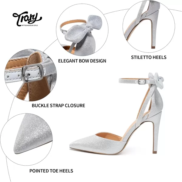 Trary Women's Heels for Women Closed Toe Women's Stiletto High Heels Pointed Toe Bow Knot Ankle Strap 3.74 Inches Pumps Adjustable Buckle Womens Comfy Sexy Shoes for Wedding Casual Party Office