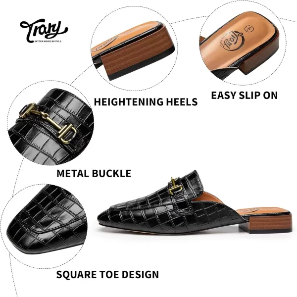 Trary Women's Mules,Loafers for Women,Womens Buckle Loafers,Square Toe Mules for Women,Women's Black Flat for Women,Classic Dressy Shoes for Women，Casual Comfortable Shoes for Women