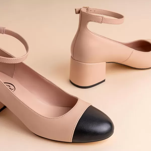 Trary Women's Pumps Shoes,White Nude Gold Heels,Closed Toe Heels for Women,Chunky High Heels for Women,Cap Toe Pumps Shoes,Casual Wedding Dress Shoes for Women