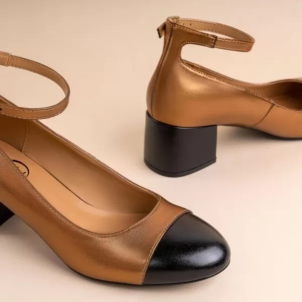 Trary Women's Pumps Shoes,White Nude Gold Heels,Closed Toe Heels for Women,Chunky High Heels for Women,Cap Toe Pumps Shoes,Casual Wedding Dress Shoes for Women