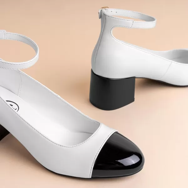 Trary Women's Pumps Shoes,White Nude Gold Heels,Closed Toe Heels for Women,Chunky High Heels for Women,Cap Toe Pumps Shoes,Casual Wedding Dress Shoes for Women