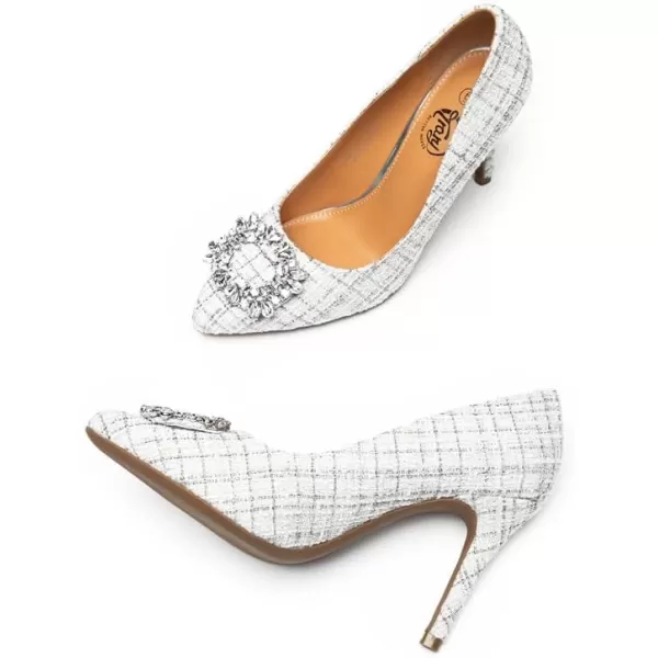 Trary Women's Stiletto High Heels Pumps Wedding Closed Toe Heels Sparkly Rhinestone Sexy Elegant Women's Pumps Party Bridal Dress Shoes for Women with Jewel Buckle