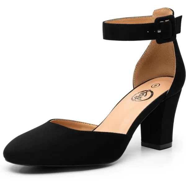 Trary Heels for Women, Low Heel Closed Round Toe Chunky Block Nude Heels Adjustable Ankle Strap Comfy Pumps Shoes Black Heels for Women Versatility Heels Wedding Daily Dressy 2.75" Heels