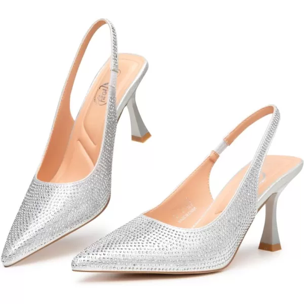 Trary Slingback Heels for Women Pointed Toe Pumps Shoes 3.2inch High Heel Slip On Rhinestone Glitter Heels Comfy Heels for Party Working Dressy