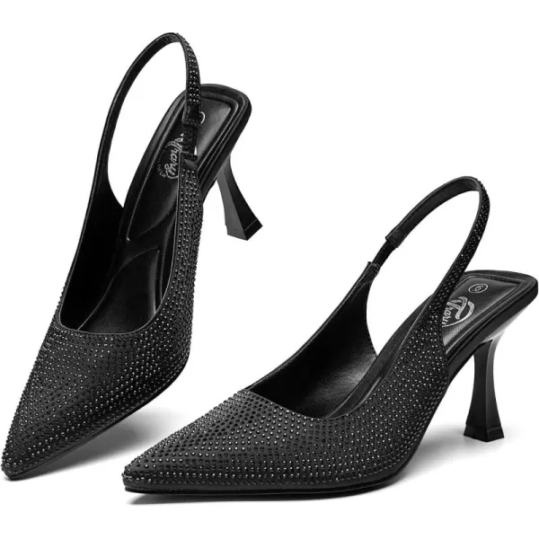 Trary Slingback Heels for Women Pointed Toe Pumps Shoes 3.2inch High Heel Slip On Rhinestone Glitter Heels Comfy Heels for Party Working Dressy