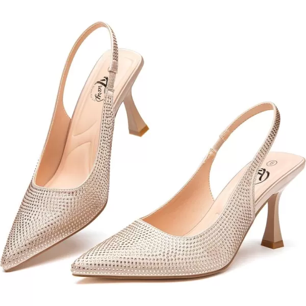 Trary Slingback Heels for Women Pointed Toe Pumps Shoes 3.2inch High Heel Slip On Rhinestone Glitter Heels Comfy Heels for Party Working Dressy