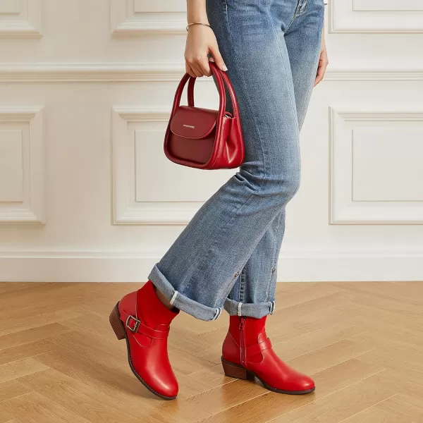 Trary Ankle Boots for Women Round Toe Low Heel Womens Ankle Boots Side Zipper Booties Winter with Buckle,with Fleece Linning