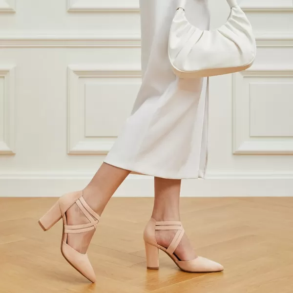 Trary Pointed Toe Heels for Women High Chunky Heels Comfortable Women's Pumps Elastic Double Crisscross Strap Pumps Shoes Women Fashion Heels Dress Shoes for Women 3.5 Inch