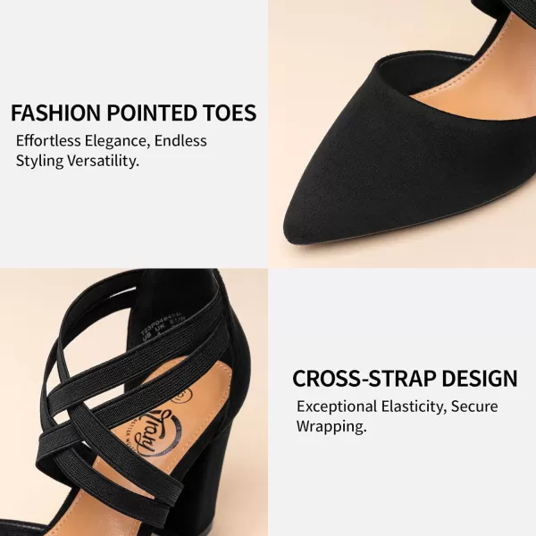 Trary Pointed Toe Heels for Women High Chunky Heels Comfortable Women's Pumps Elastic Double Crisscross Strap Pumps Shoes Women Fashion Heels Dress Shoes for Women 3.5 Inch