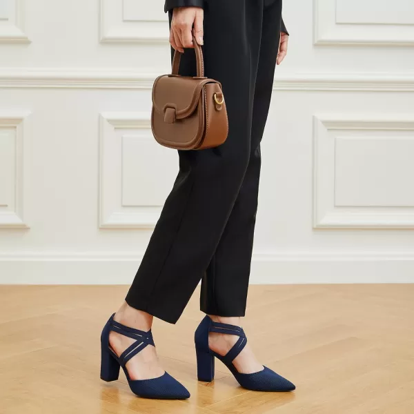 Trary Pointed Toe Heels for Women High Chunky Heels Comfortable Women's Pumps Elastic Double Crisscross Strap Pumps Shoes Women Fashion Heels Dress Shoes for Women 3.5 Inch