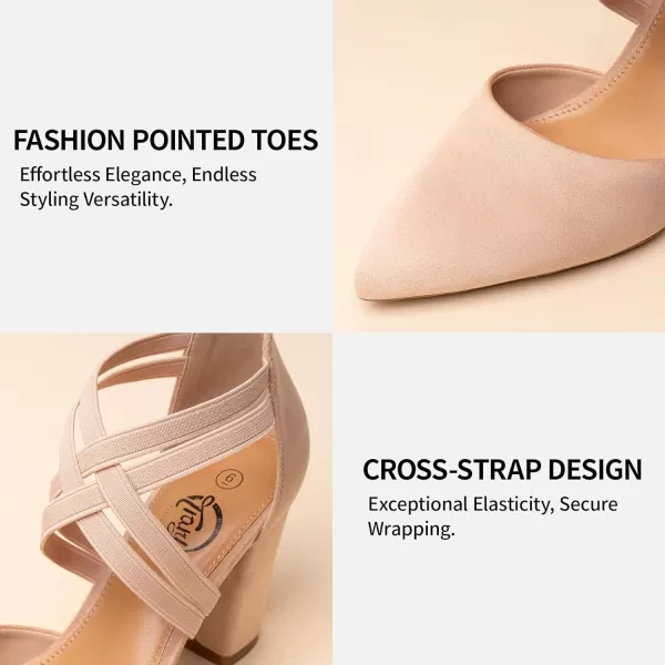 Trary Pointed Toe Heels for Women High Chunky Heels Comfortable Women's Pumps Elastic Double Crisscross Strap Pumps Shoes Women Fashion Heels Dress Shoes for Women 3.5 Inch