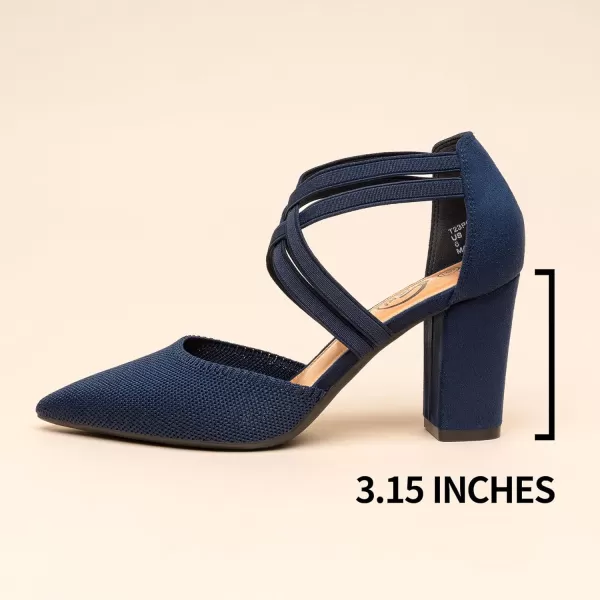 Trary Pointed Toe Heels for Women High Chunky Heels Comfortable Women's Pumps Elastic Double Crisscross Strap Pumps Shoes Women Fashion Heels Dress Shoes for Women 3.5 Inch