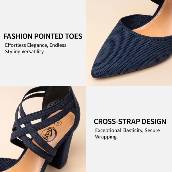 Trary Pointed Toe Heels for Women High Chunky Heels Comfortable Women's Pumps Elastic Double Crisscross Strap Pumps Shoes Women Fashion Heels Dress Shoes for Women 3.5 Inch