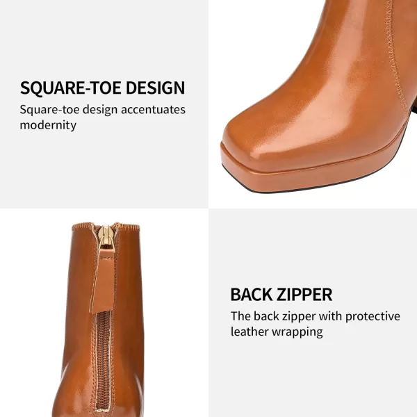 Trary Women's Platform Ankle Boots High Chunky Block Heels Square Toe Comfort Womens Booties Shoes for Women 3.5 Inches Gogo Boots with Back Zipper Design for Winter Fall Party Dress Causal PU Leather