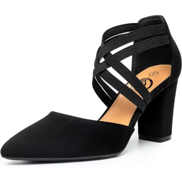 Trary Pointed Toe Heels for Women High Chunky Heels Comfortable Women's Pumps Elastic Double Crisscross Strap Pumps Shoes Women Fashion Heels Dress Shoes for Women 3.5 Inch