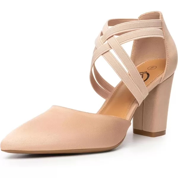 Trary Pointed Toe Heels for Women High Chunky Heels Comfortable Women's Pumps Elastic Double Crisscross Strap Pumps Shoes Women Fashion Heels Dress Shoes for Women 3.5 Inch