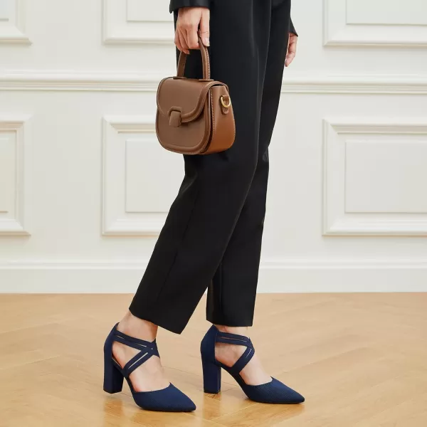 Trary Heels for Women, Chunky Heels for Women, Closed Pointed Toe Heels Comfortable Womens Pumps Elastic Double Crisscross Strap Low Heel Pumps for Women 3.5 Inch Heels Dress Shoes for Women