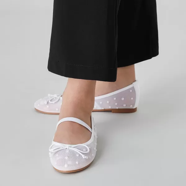 imageTrary Mesh Ballet Flats for Women Pearl Ballet Flats Shoes for Women Bow Mary Jane Shoes Women Rhinestone Flats for Women Comfy Dress Shoes for Women Wide Mary Janes Flats Mesh FlatsWhite