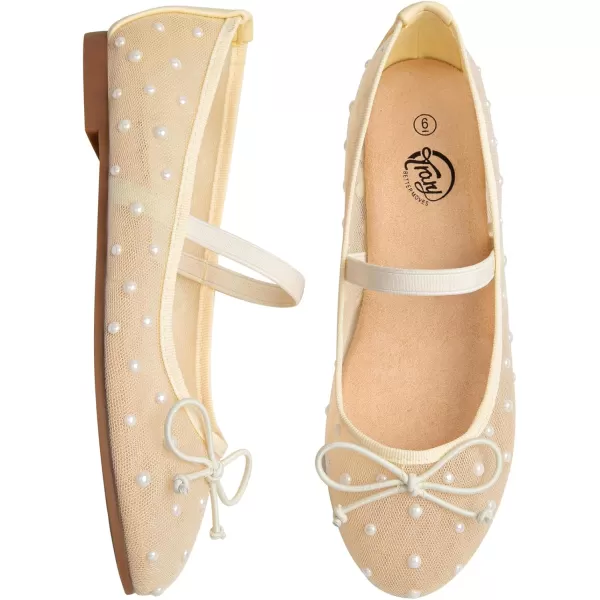 imageTrary Mesh Ballet Flats for Women Pearl Ballet Flats Shoes for Women Bow Mary Jane Shoes Women Rhinestone Flats for Women Comfy Dress Shoes for Women Wide Mary Janes Flats Mesh FlatsYellow